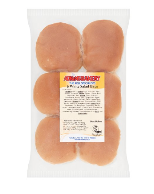 Adkins Bakery 6 White Salad Baps £1.65