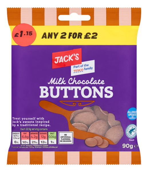 Jack's Milk Chocolate Buttons 90g £1.15 2 for £2