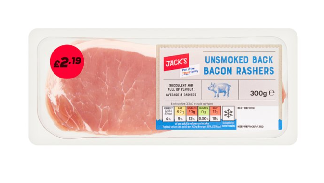 Jack's Unsmoked Back Bacon Rashers 300g £2.19