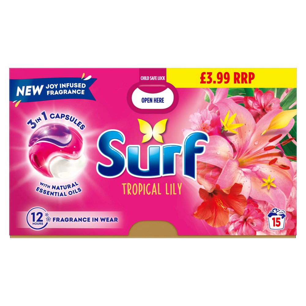 Surf 3 in 1 Laundry Washing Detergent Capsules Tropical Lily 15 washes £3.99PM