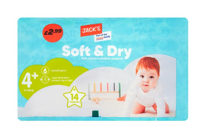 Jack's 14 Soft & Dry Nappies 4+ 9-20kg £2.99PM