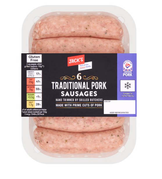 Jack's 6 Traditional Pork Sausages 400g £3.50