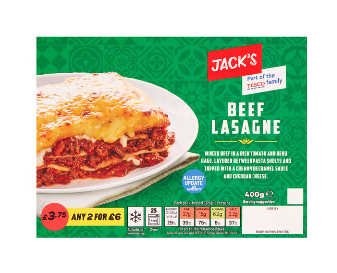 Jack's Beef Lasagne 400g £3.75 2 for £6.00
