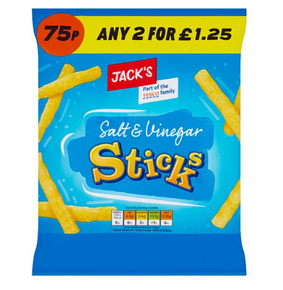 Jack's Salt & Vinegar Sticks 60g 75p 2 for £1.25