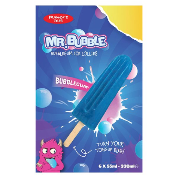 Franco's Ices Mr. Bubble Bubblegum Ice Lollies 6 x 55ml (330ml) multipack icelolly