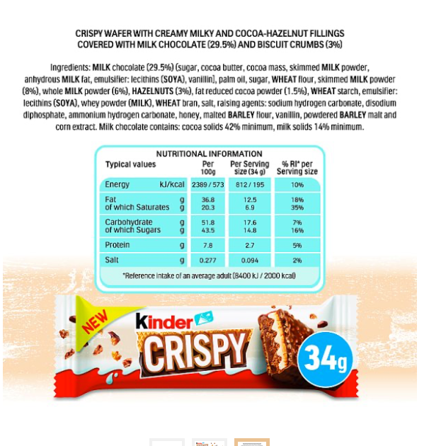 Kinder Crispy 34g Bar Kids Sweet Kindercrispybar