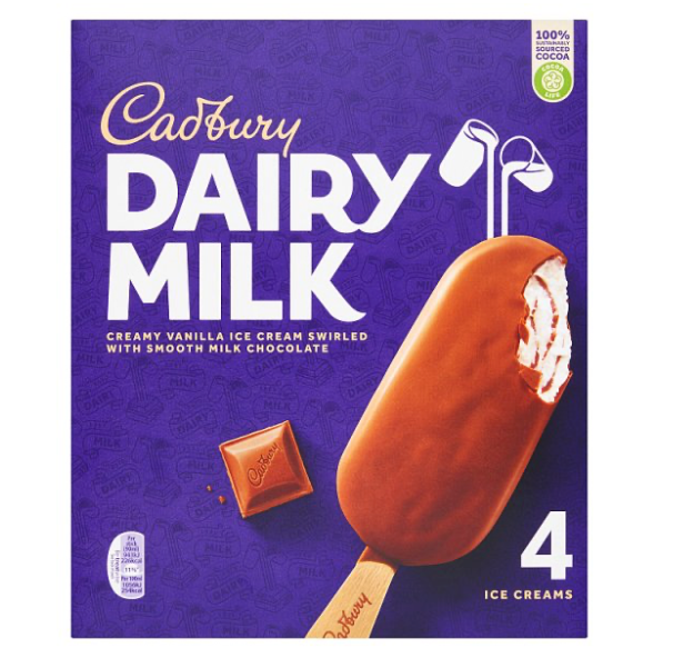 Cadbury Dairy Milk  Ice Creams 4 x 90ml (360ml) icecream bars Multipack - Original