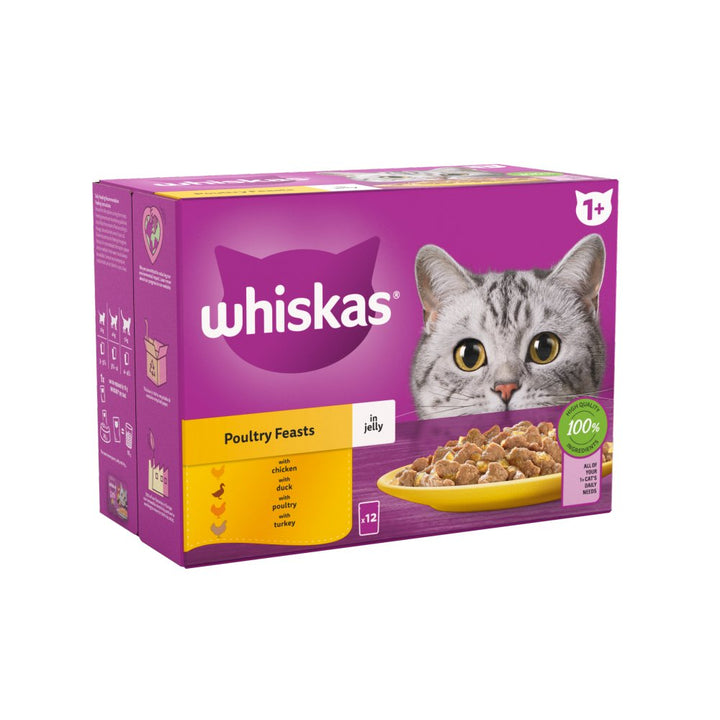 Whiskas 1+ Fish Favourites Adult Wet Cat Food Pouches in Jelly 12 x 85g - Poultry Feast
